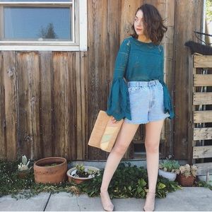 Free People Once Upon a Time teal bell sleeve top